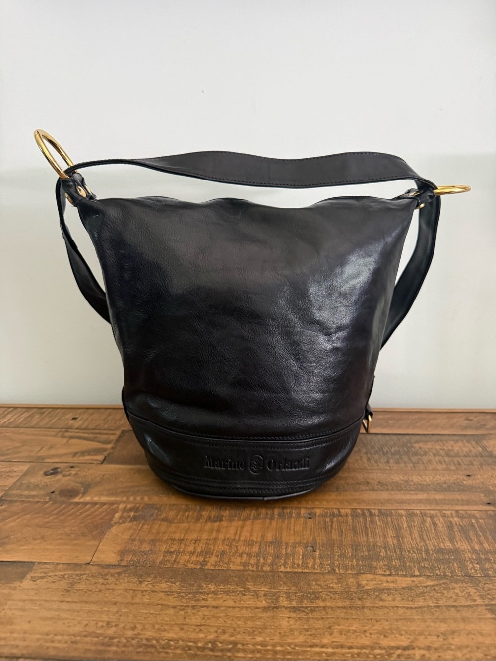 Marino Orlandi Black Leather Sling Bag Bucket Hobo with Gold Accents